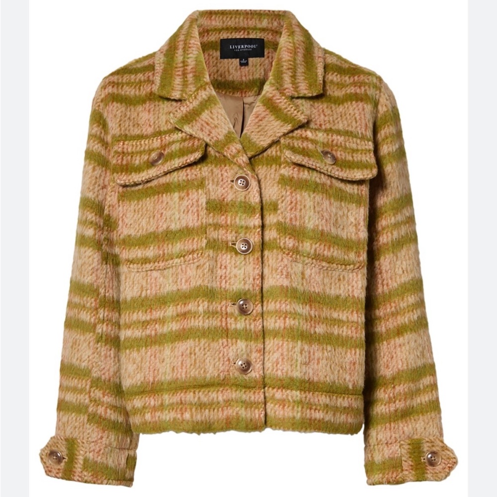 EUC, Liverpool Los Angeles Button Front Plaid Boxy Shacket, Green & Gold, Size S